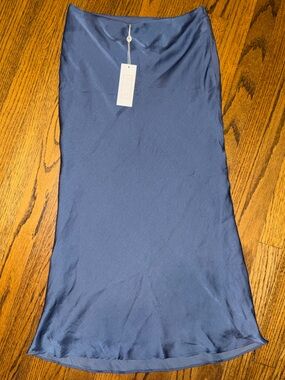 Sage Slate Blue Satin Flowy Midi Skirt NEW